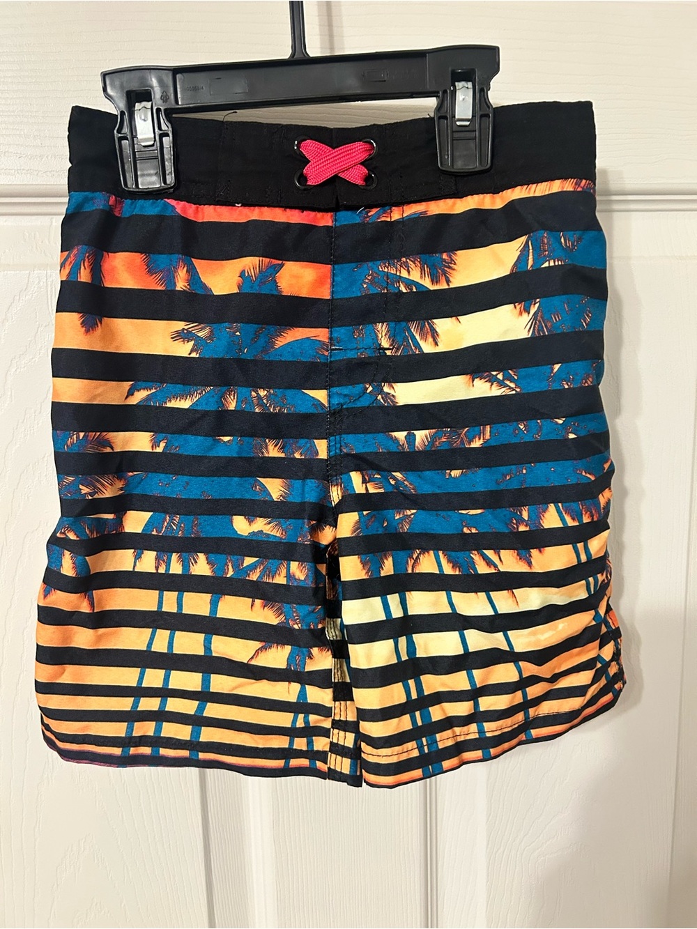 Boys Tropical Palm Stripe Swim Trunks - Sunset Colors, Size XS 6/7